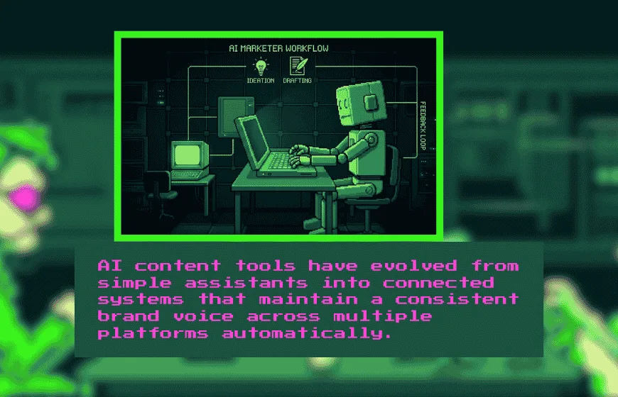Digital workspace showing AI agents coordinating a content marketing workflow
